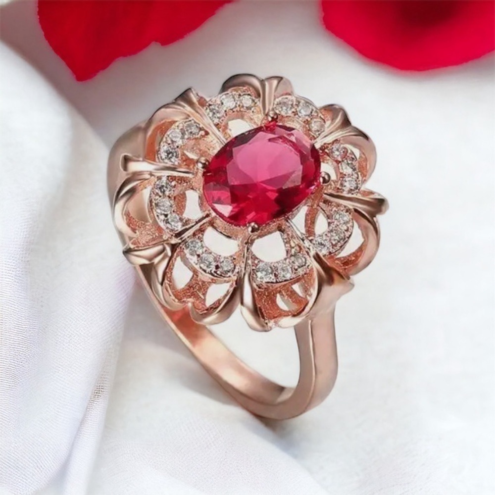 Ruby Red Halo Ring Rose Gold Romantic Statement Ring Gift Anniversary Jewelry